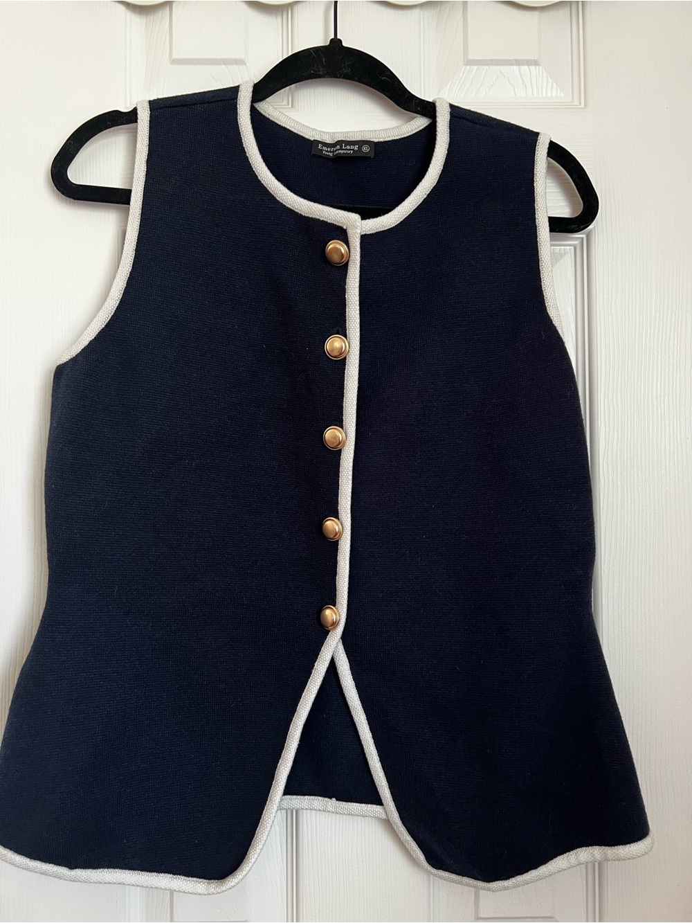 Navy Sleeveless Knit Shell with White Trim and Gold Buttons